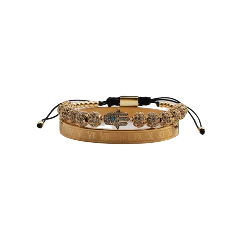 Bracelet À Perles Hamsa Hand Evil Eye Et Jonc À Chiffres Romains Acier Inoxydable Cuivre Zircon Réglable Bijoux Homme