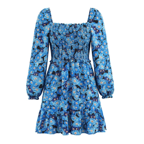 Women Blue Floral Mini Dress Square Neck Long Puff Sleeve Smocked Bodice Tiered Ruffle Hem Polyester Boho Sweet Style