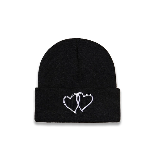 Gorro De Punto Bordado De Corazón Acrílico Cálido Invierno Gorro Con Dobladillo Para Mujeres Y Hombres Negro Moda