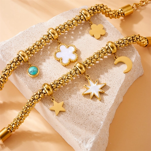 Gold Plated Edelstahl Armband Blume Mond Stern Türkis Perlenkette Vintage Bohemian Schmuck Damen Accessoire