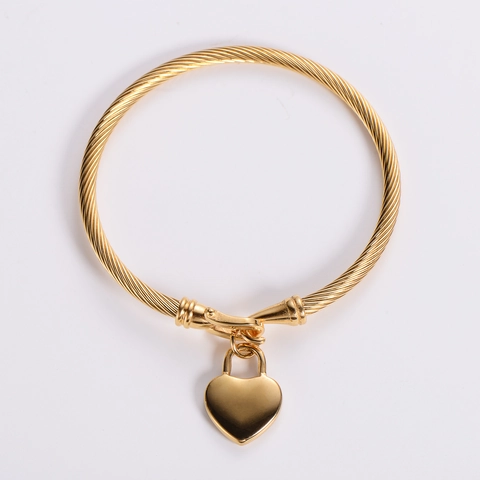 Women 18K Gold Plated Stainless Steel Heart Charm Cable Wire Bangle Bracelet Elegant Fashion Spiral Twist Jewelry Gift