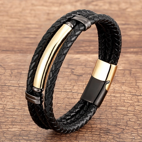 Multi-layer Woven Leather Bracelet With Stainless Steel Magnetic Clasp Punk Vintage Jewelry For Men
