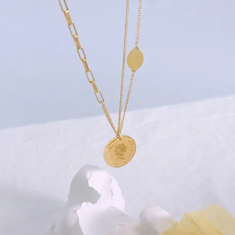 Portrait Coin Pendant Necklace Gold Plated Titanium Steel Asymmetric Mixed Chain Retro Hip Hop Style Jewelry Women