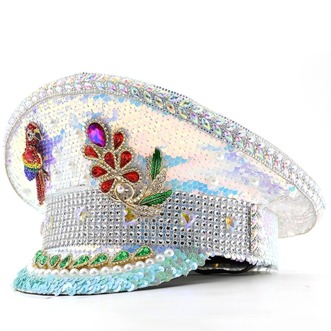 Cappello Da Capitano Con Paillettes E Spilla A Pappagallo In Strass Gemme Colorate Künstliche Perle Sintetiche Cappello Da Marinaio Per Donna