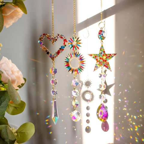 Attrape-Soleil En Cristal Ornement À Suspendre Strass Coloré Cœur Étoile Soleil Prisme Arc-En-Ciel Maison Jardin Décor