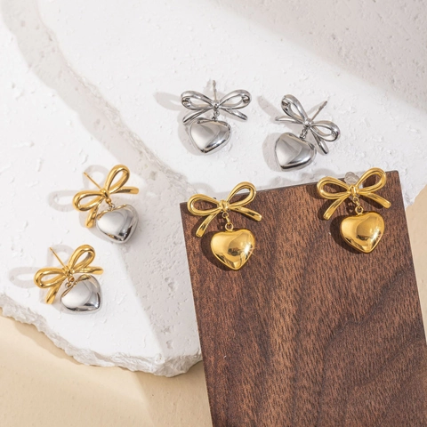 Stainless Steel Heart Bow Earrings 18K Gold Plated Hammered Mirrored Texture Minimalist Retro Fashion Jewelry For Women