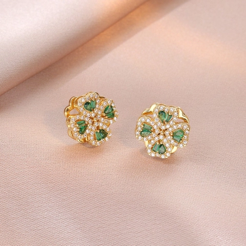 Luxury Rotating Four Leaf Clover Heart Necklace Ring Earrings Bracelet Set For Women Emerald Green Zirconia Stainless Steel Gold Plated Vintage Jewelry Set