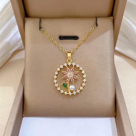 Floral Pendant Necklace Gold Stainless Steel Chain Copper Zircon Pink Flower Artificial Pearl Elegant Jewelry For Women