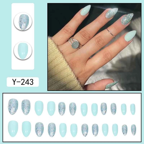 Stiletto Press On Nails Light Blue Solid Color Silver Glitter Artificial False Nails Glossy Removable For Manicure