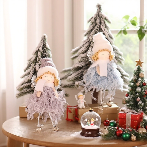 Christmas Angel Hanging Ornaments With Plush Feather Skirt Knit Hat Golden Wings Bell Tree Decoration Cute