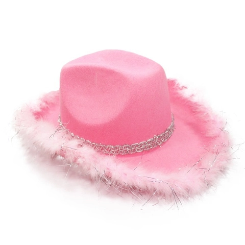 Cappello Da Cowboy Occidentale Feltro Bordo In Piume Bordo Peloso Fascia Di Paillettes Costume Da Festa Per Donna