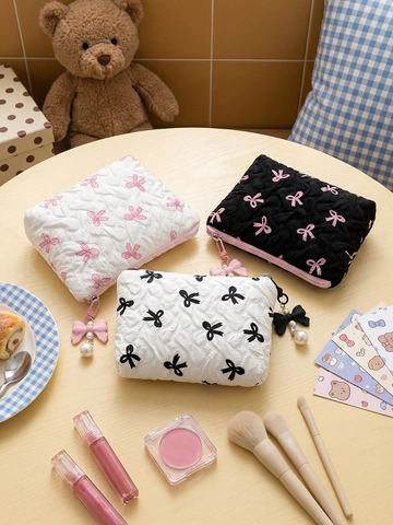Neceser Acolchado Con Estampado De Lazo Y Colgante De Perlas Artificiales Organizador Cosmético Dulce Gran Capacidad Bolsa De Viaje Para Mujer