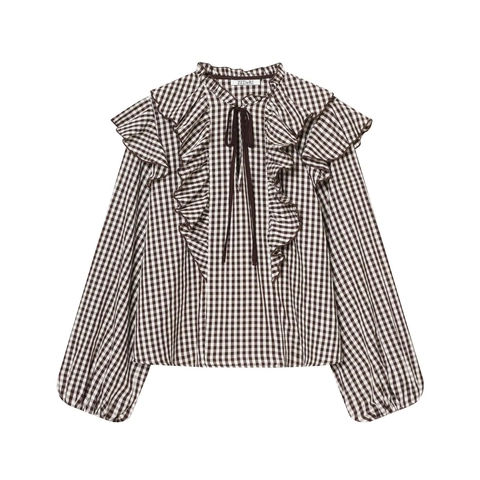Women Gingham Plaid Blouse Polyester Ruffle Trim Bow Tie Neck Long Puff Sleeve Elegant Casual Fashion Shirt Top