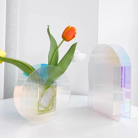 Vaso In Acrilico Iridescente Arcobaleno Texture Ondulata A Costine Portafiori Decorativo Chiaro Per Soggiorno Arte Tavolo