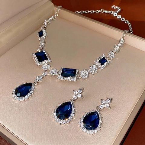 Elegante Collana E Orecchini Con Pendente In Pietra Preziosa Quadrata A Goccia Blu Profondo Lega Placcata Argento Gioielli