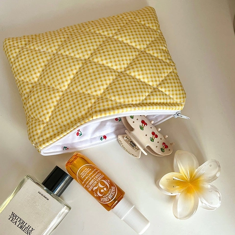 Quilted Cotton Cosmetic Bag Gingham Checkerboard Print Makeup Pouch Heart Cherry Bow Portable Storage For Women