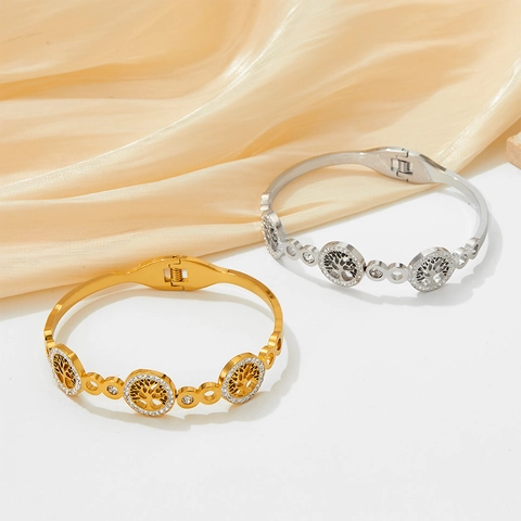 Levensboom Bangle Armband Roestvrij Staal Uitgehold Met Strass Steentjes Open Veer Manchet Voor Dames Vintage