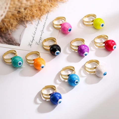 Evil Eye Verstellbarer Offener Ring Kupfer Vergoldet Emaille Bunte Harz Marmor Perle Böhmischer Mode Schmuck Für Damen