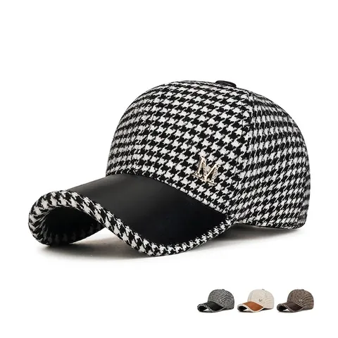 Berretto Da Baseball Pied De Poule Da Donna Con Visiera In Pelle PU Lettera M In Metallo Strass Decor Vintage Caldo