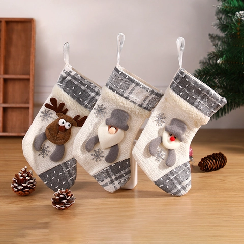 Christmas Stockings Knit Burlap Gift Bags Santa Snowman Reindeer Plush Characters Grey Plaid Snowflake Holiday Hanging