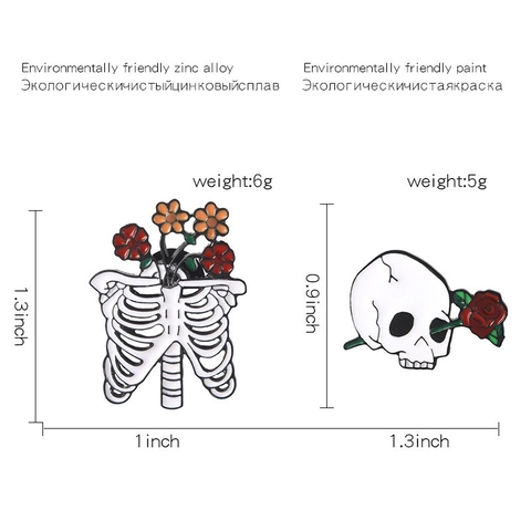 Broche de Aleación Creativo Esqueleto Caja Torácica Calavera Rosa Esmalte Punk Gótico Insignia para Ropa Mochila Mujer Hombre Joyería