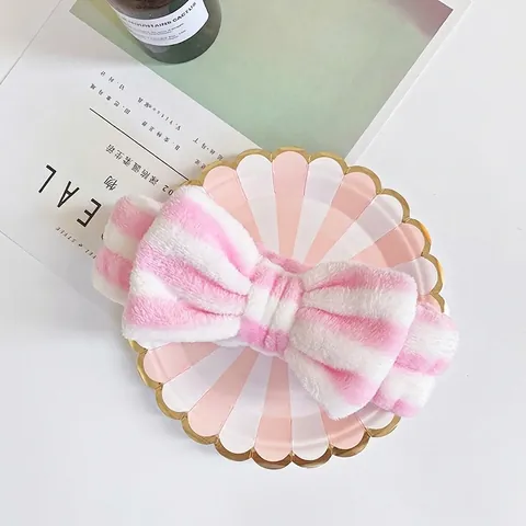 Striped Bow Headband Soft Coral Fleece Elastic Hair Band For Face Washing Makeup Spa Skincare Shower For Women Girls