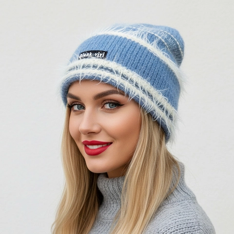 Bonnet En Maille Rayé Peluche Acrylique Chaud Hiver Color Block Pour Femmes