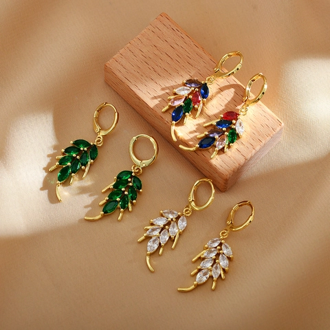French Elegant Marquise Zircon Leaf Dangle Earrings Copper Wheat Ear Jewelry For Women
