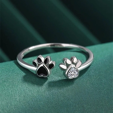 Cute Cat Paw Print Adjustable Open Ring For Women Heart Zircon Black Enamel Copper Jewelry Sweet Animal Gift