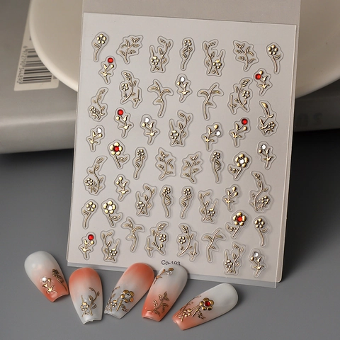 Stickers Ongles Relief 5D Dorure Fleurs Papillons Lune Étoile Strass Décorations Métallique Imperméable DIY