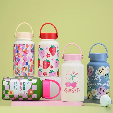 Vakuumisolierte Wasserflasche 304 Edelstahl Weithals Tragbarer Griff Sport Reisen Thermoskanne Blumen Smile Muster