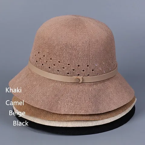 Women Bucket Hat Cotton Polyester Knitted Breathable Hollow Out Sun Protection Elegant Dome Foldable With Leather Band