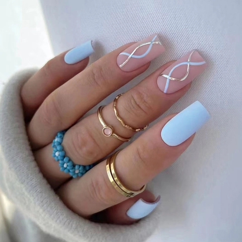 Matte Sky Blue Pink Press On Nails With Silver Wave Lines Square Round Medium Long Wearable Plastic False Finger Nails