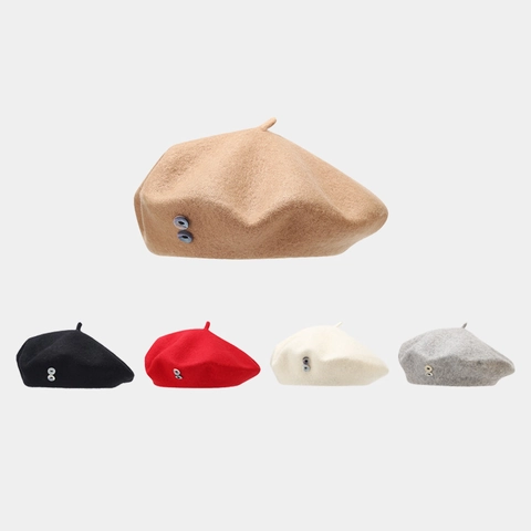 Vintage Wool Beret Hat Women French Style Painter Cap With Shell Button Decoration Elegant Warm Winter Headwear