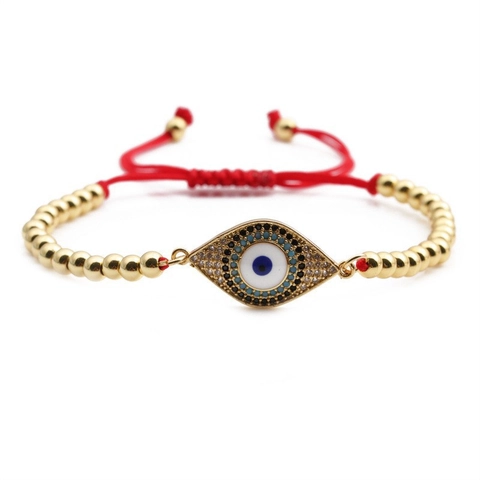 Evil Eye Hamsa Hand Bracelet Copper Gold Plated With Colorful Zircon Adjustable Braided Rope Turkish Ethnic Jewelry For Women