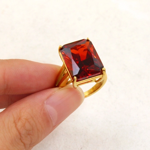 Vintage Large Rectangle Zircon Ring Stainless Steel Gold Plated French Style Exaggerated Statement Jewelry For Women