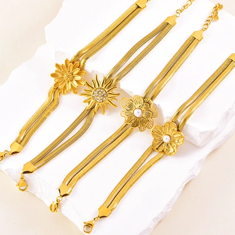Double Layer Snake Bone Chain Bracelet Stainless Steel Flower Sun Daisy Artificial Pearl Rhinestone Adjustable For Women Fashion Jewelry