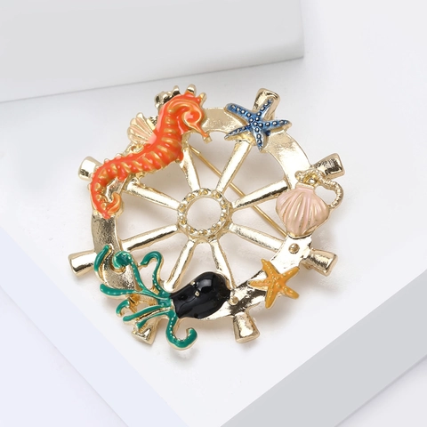 Spilla a Timone Nautico Con Animali Marini in Smalto Colorato Cavalluccio Marino Stella Marina Polpo Lega Spilla Pin Per Donna Uomo Gioielli