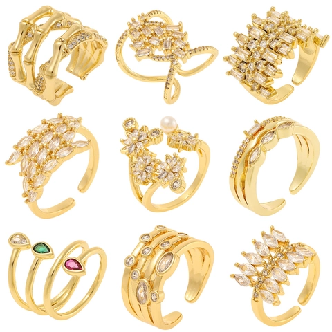 Women Fashion Adjustable Ring Gold Plated Copper Micro Pave Zircon Retro Trendy Finger Jewelry Gift