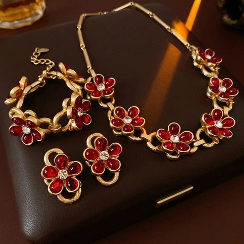 Collana Bracciale Orecchini Fiore Vintage Lega Oro Perno Argento Vetro Rosso Strass Elegante Design Floreale Retrò