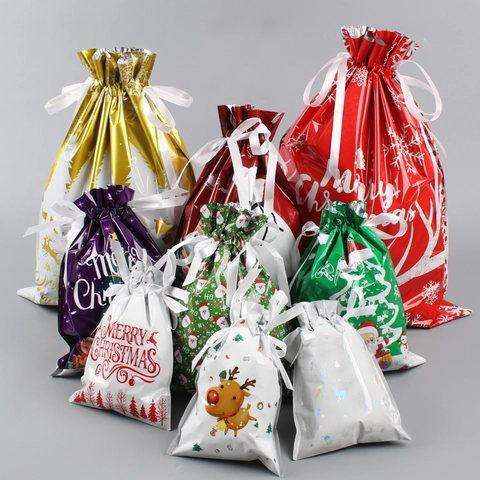 Christmas Gift Bags Plastic Drawstring Ribbon Bags Festive Reindeer Santa Snowman Patterns For Candy Treats Party Favors Waterproof Gift Wrapping