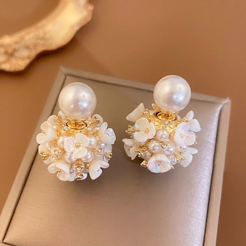 Flower Artificial Pearl Stud Earrings With 925 Sterling Silver Earring Post Alloy Zircon Floral Cluster French Retro Style For Women