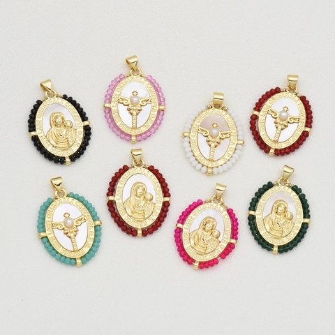 Vintage 18K Verguld Koper Oval Portret Kruis Hanger Zonder Ketting Handgeweven Kunstparel Religieuze Medaillon Sieraden Maken Benodigdheden