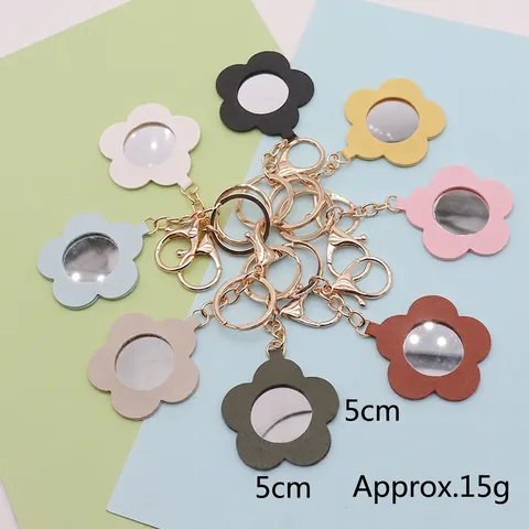 Cute PU Leather Heart Mirror Keychain Portable Hand Makeup Mirror Bag Charm Floral Round Mirror Keyring Women Fashion Gift