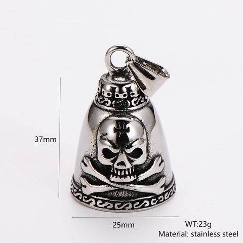 Vintage Stainless Steel Skull Crossbones Bell Pendant Necklace Gothic Punk Style Novelty