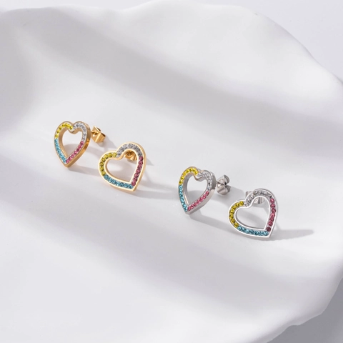 Hohl Herz Ohrstecker Edelstahl Mit Bunten Zirkonia Eingelegt Einfacher Eleganter Modeschmuck Für Damen