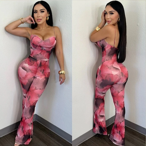 Tuta Da Donna Con Stampa Astratta Mesh Spalline Sottili Schiena Scoperta Gamba Svasata Sexy Slim Fit Streetwear
