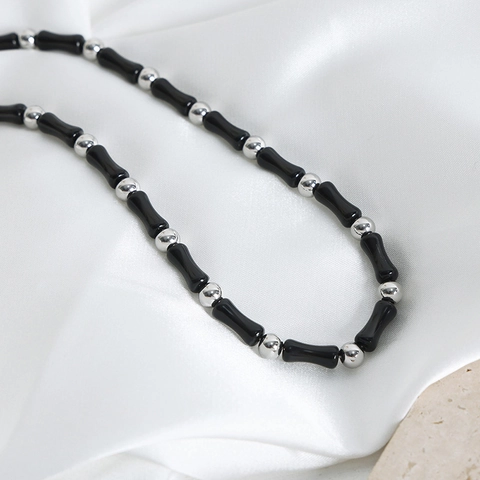 Vintage Black Agate Beaded Necklace With Titanium Steel Silver Beads Minimalist Jewelry For Women