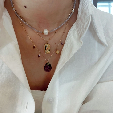 Collar de Cuentas de Acero Inoxidable Vintage para Mujer Amatista Piedra Púrpura Perla Artificial Colgante Joyería de Moda