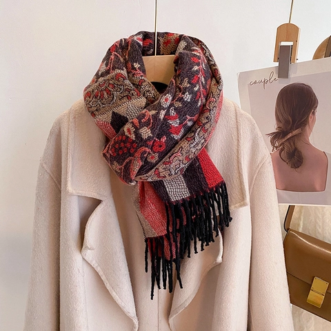 Sciarpa Scialle Invernale Da Donna Etnico Paisley Floreale Jacquard Spesso Caldo Imitazione Cashmere Nappa Stile Retrò